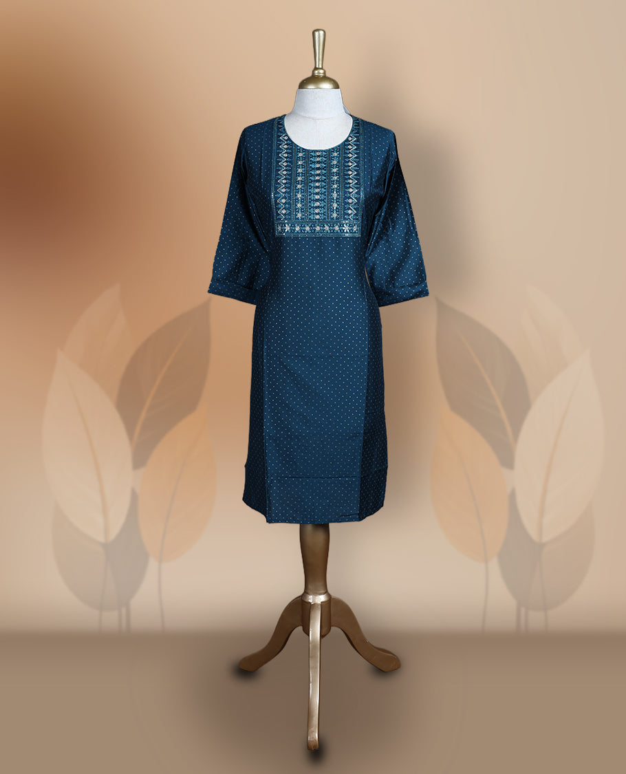Navy blue colour kurthi adorned with intricate embroidery on the yoke and delicate dotted patterns all over, Designed with a round neckline and 3/4th sleeves, perfect for casual and semi formal occasions.