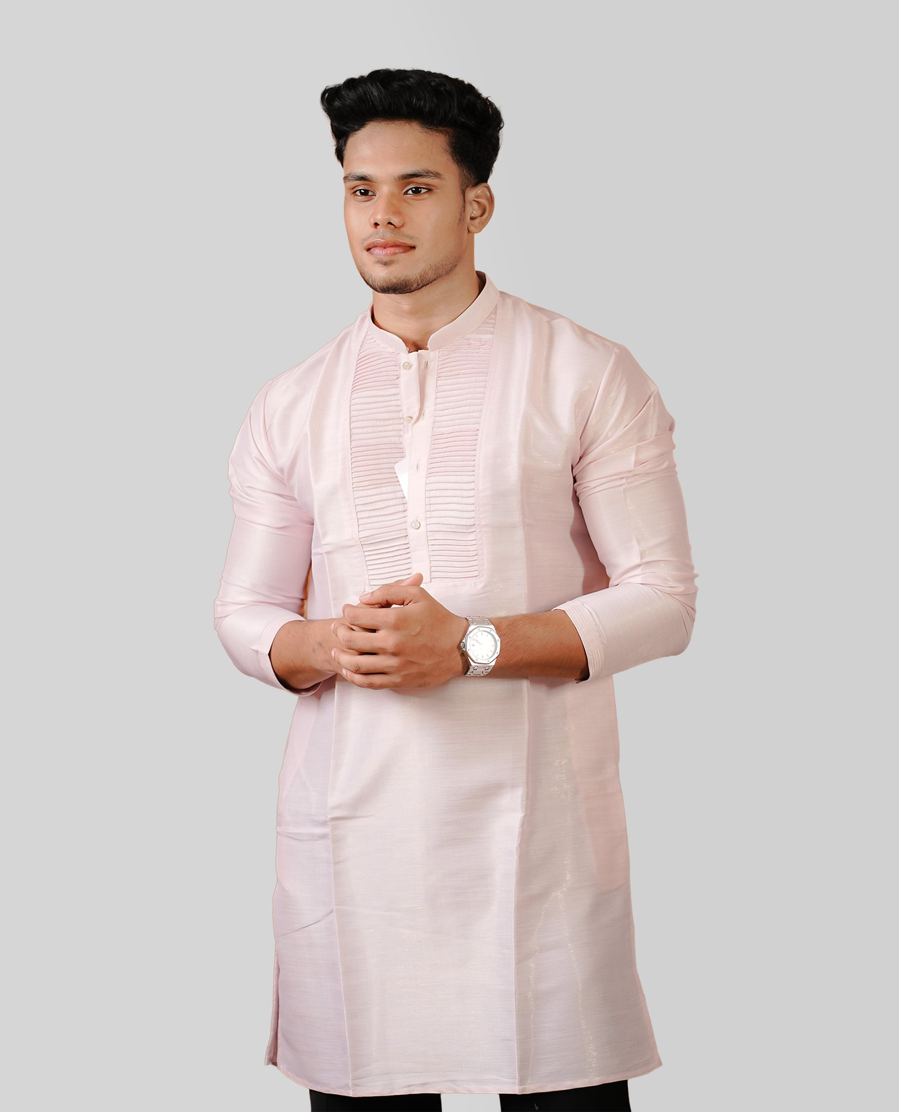 Baby pink colour men's kurta featuring elegant small Pleated work on the body, complemented by full sleeves for a refined and festive look.