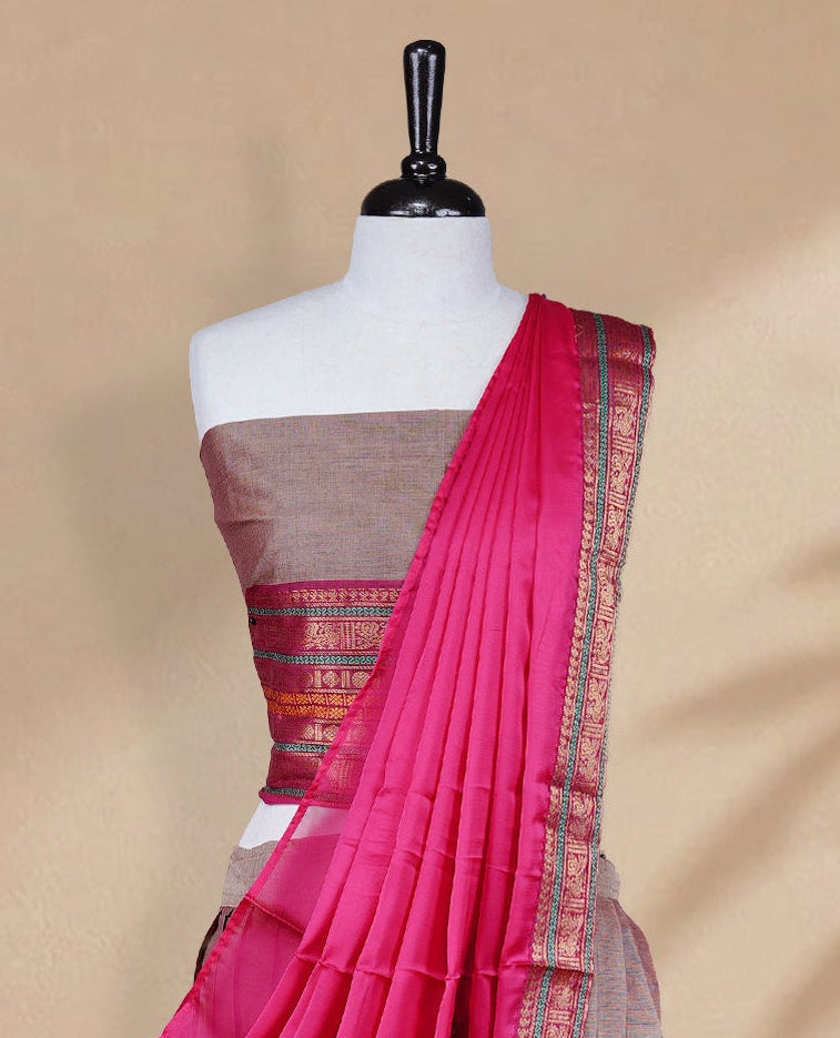 Golden & Pink double shade colour Half saree featuring Plain skirt with Zari border on contrast Magenta colour border, Unstitched Blouse and matching dupatta.
