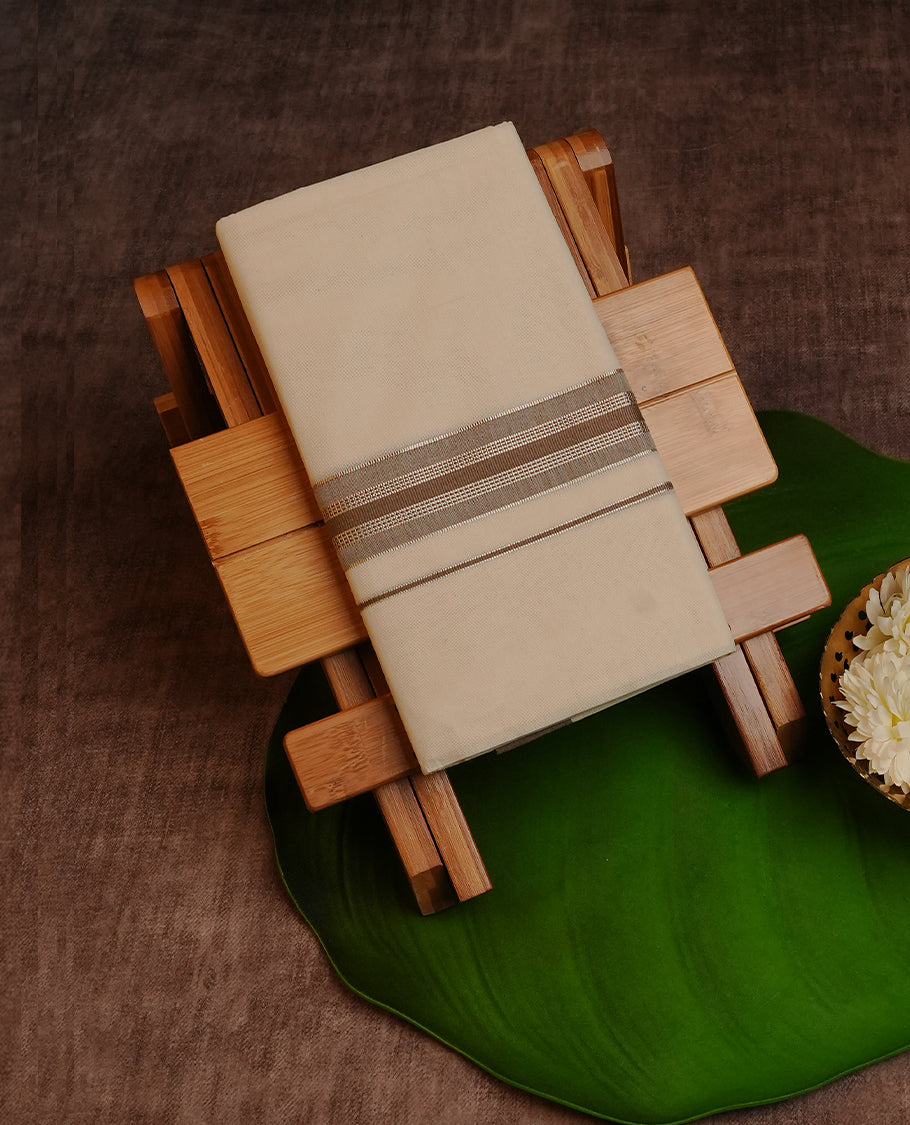 Cream Colour Cotton Double Dhoti Finished With A Classic Body ,Featuring Light Brown & Rose Gold Kara