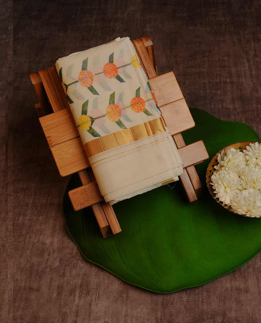 Cream Colour Cotton Double Dhoti Finished With Yellow , Orange Floral Prints With Gold kara.