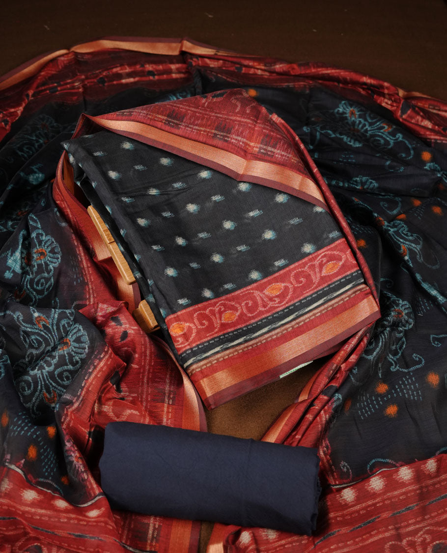 Black churidar material featuring a subtle dotted printed body, paired with an intricately printed maroon dupatta