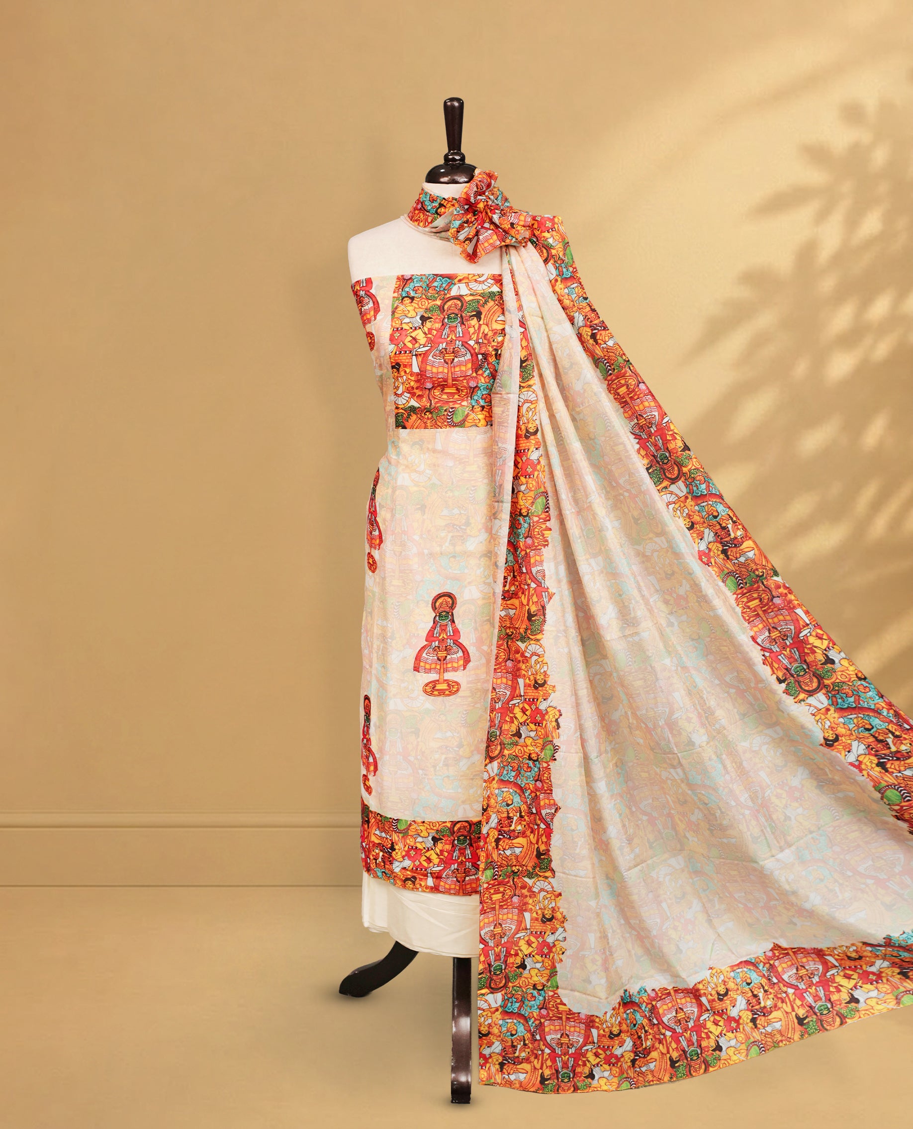 Cream colour salwar material Featuring Indian Art forms Print on body, paired with matching bottom & Elegant Dupatta