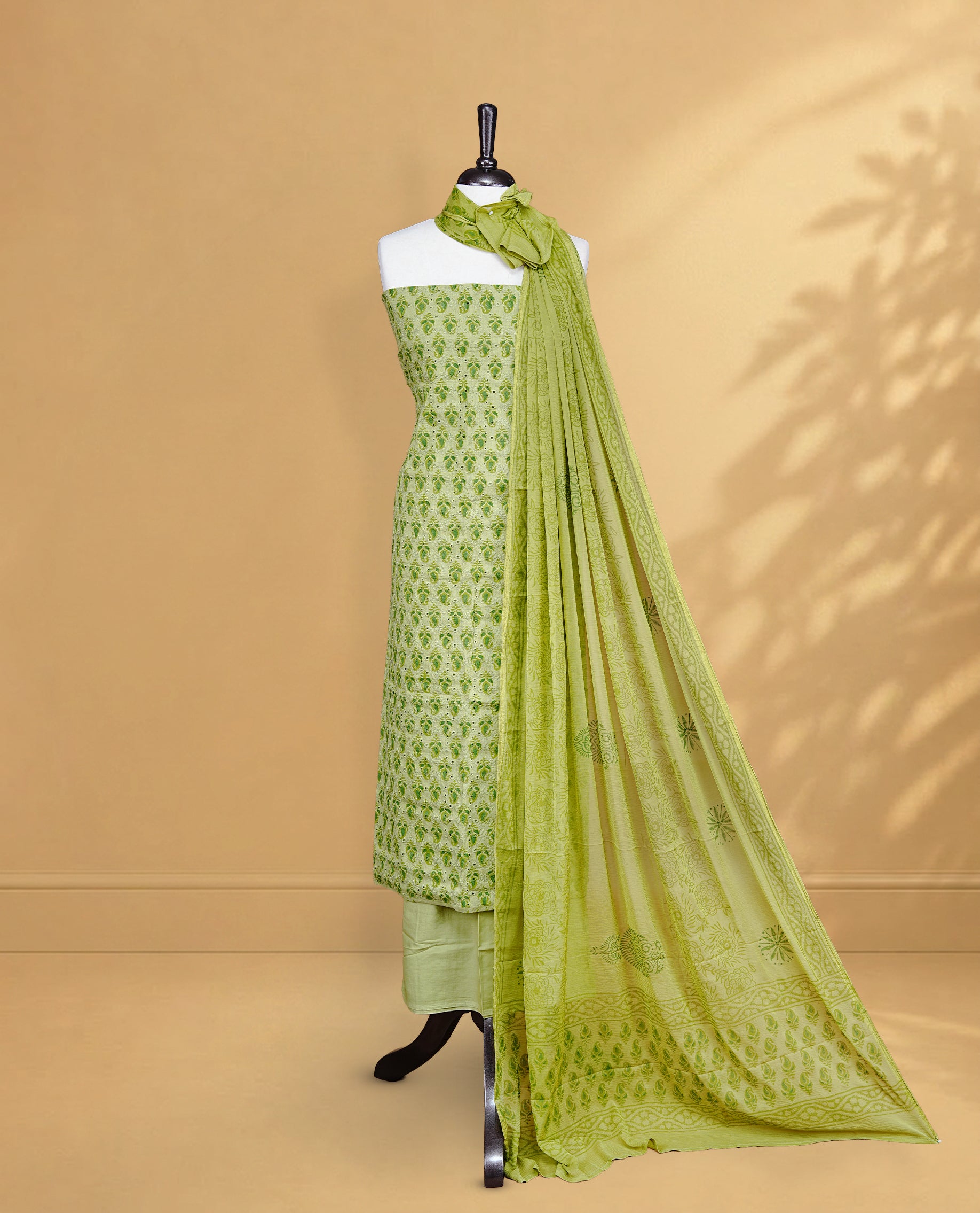 Green Colour Salwar Material Featuring Thread & Hokoda, Mango print Work On Body, paired with matching bottom & Dupatta.