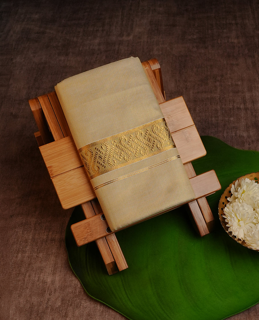 Cream Colour Tissue Double Dhoti Finished With A Classic Golden Zari design Kara.