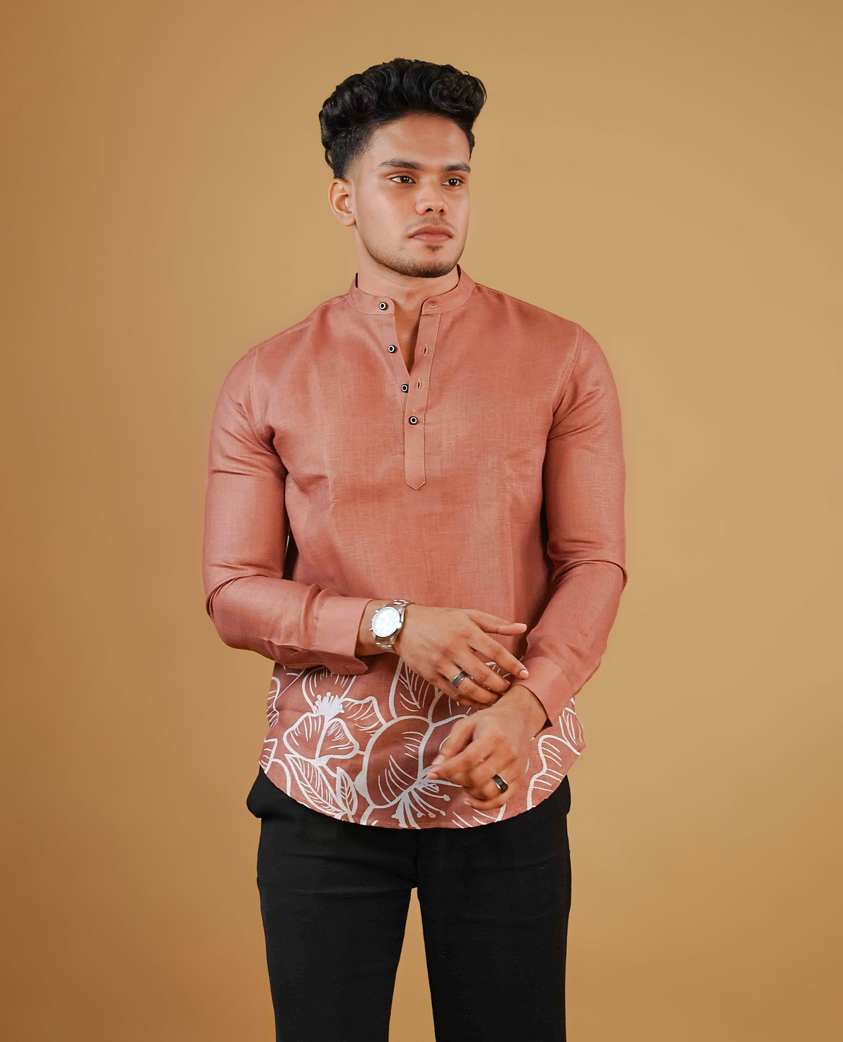 Brown colour men's kurta featuring elegant Print on the body, complemented by sleeves for a refined and festive look.