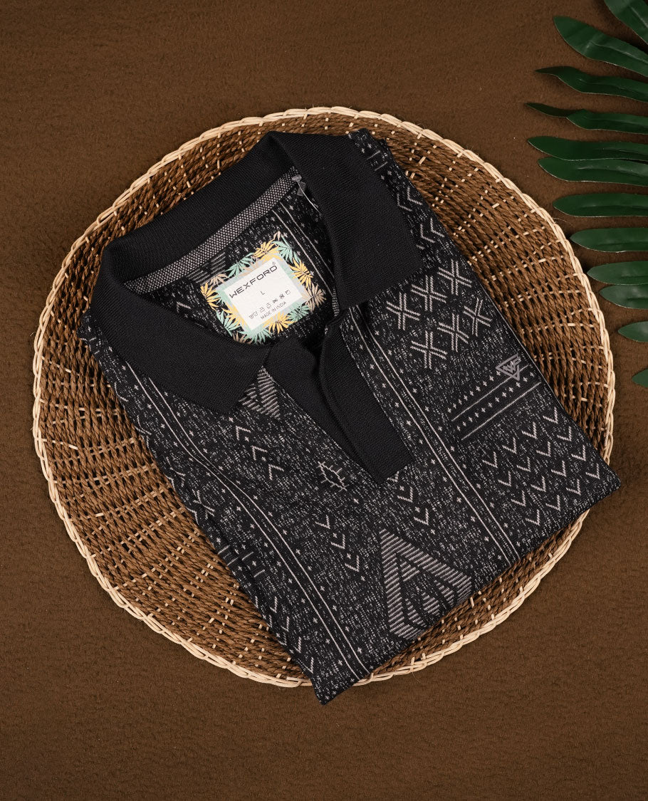 Black colour T shirt adorned with stylish geometric prints, featuring a smart shirt collar and comfortable short sleeves for a modern casual look.