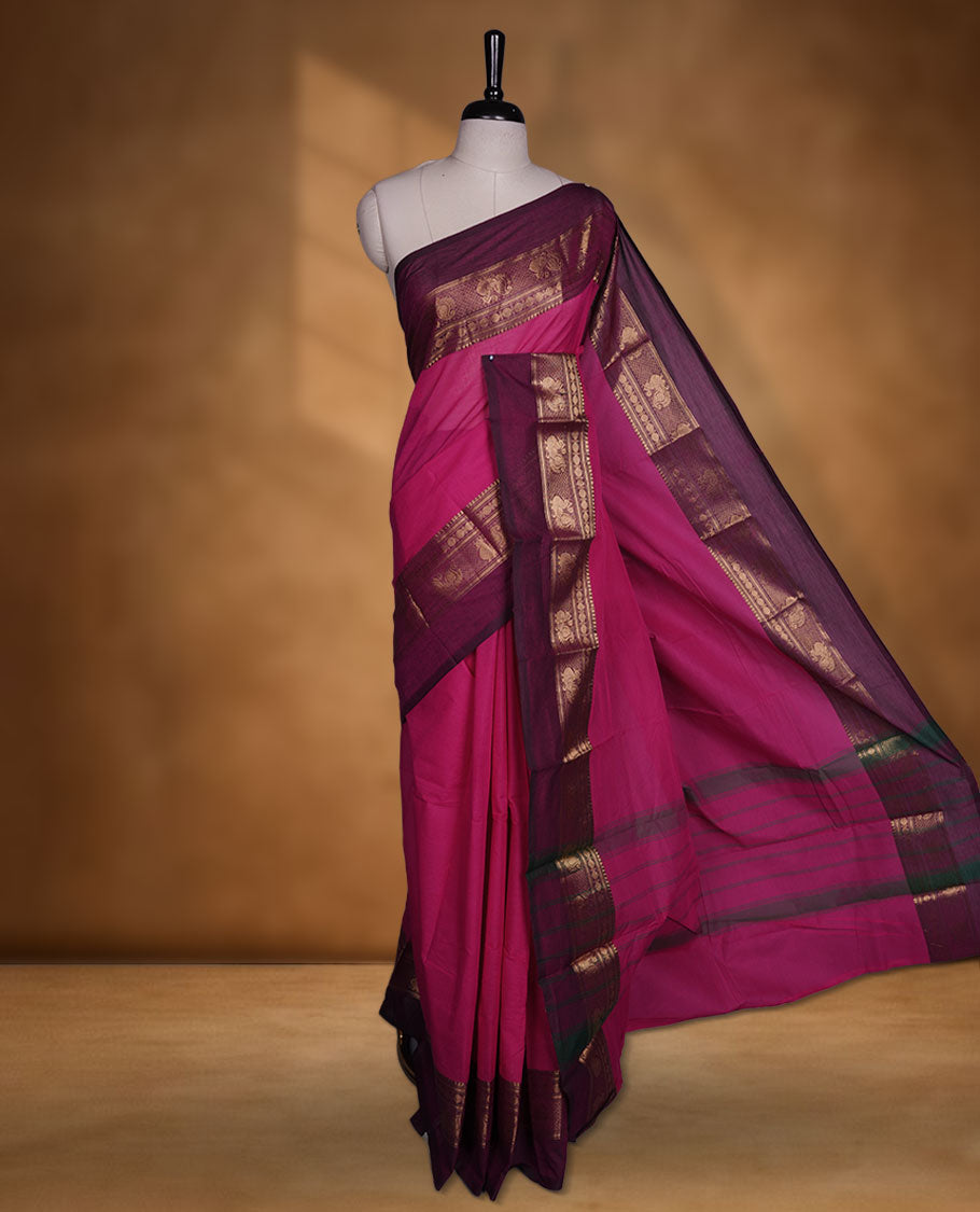 Rani Pink colour chettinad cotton saree featuring plain body, paired with a rich maroon traditional gold zari border without blouse.