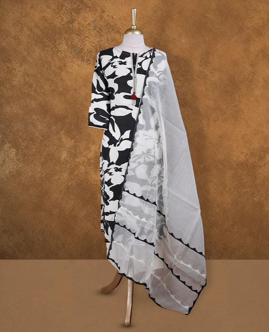 Black & white colour churidar set featuring thread & cut beats embroidered on neckline, sleeves, and Floral print 85732on body , Paired with a matching dupatta