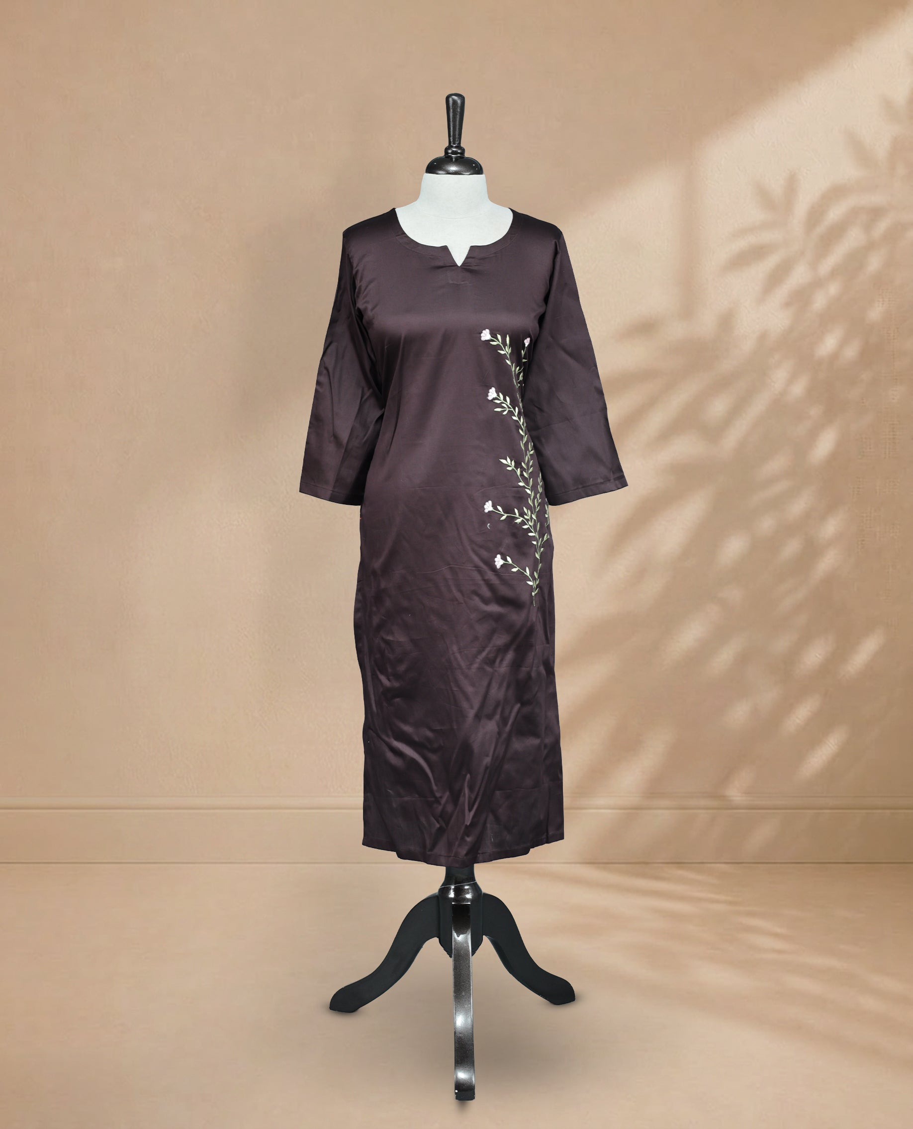 Dark Chocolate Colour Kurti Featuring U-Shaped Neckline, delicate floral vine embroidery Work On Body & Sleeve