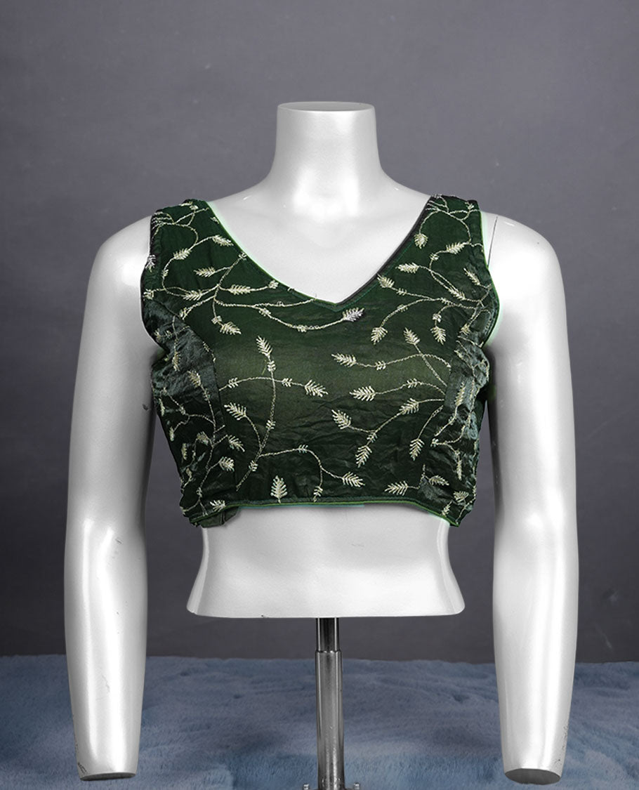 Dark olive green colour embroidered padded blouse with gold vine detailing, V neckline, and tie-back finish.