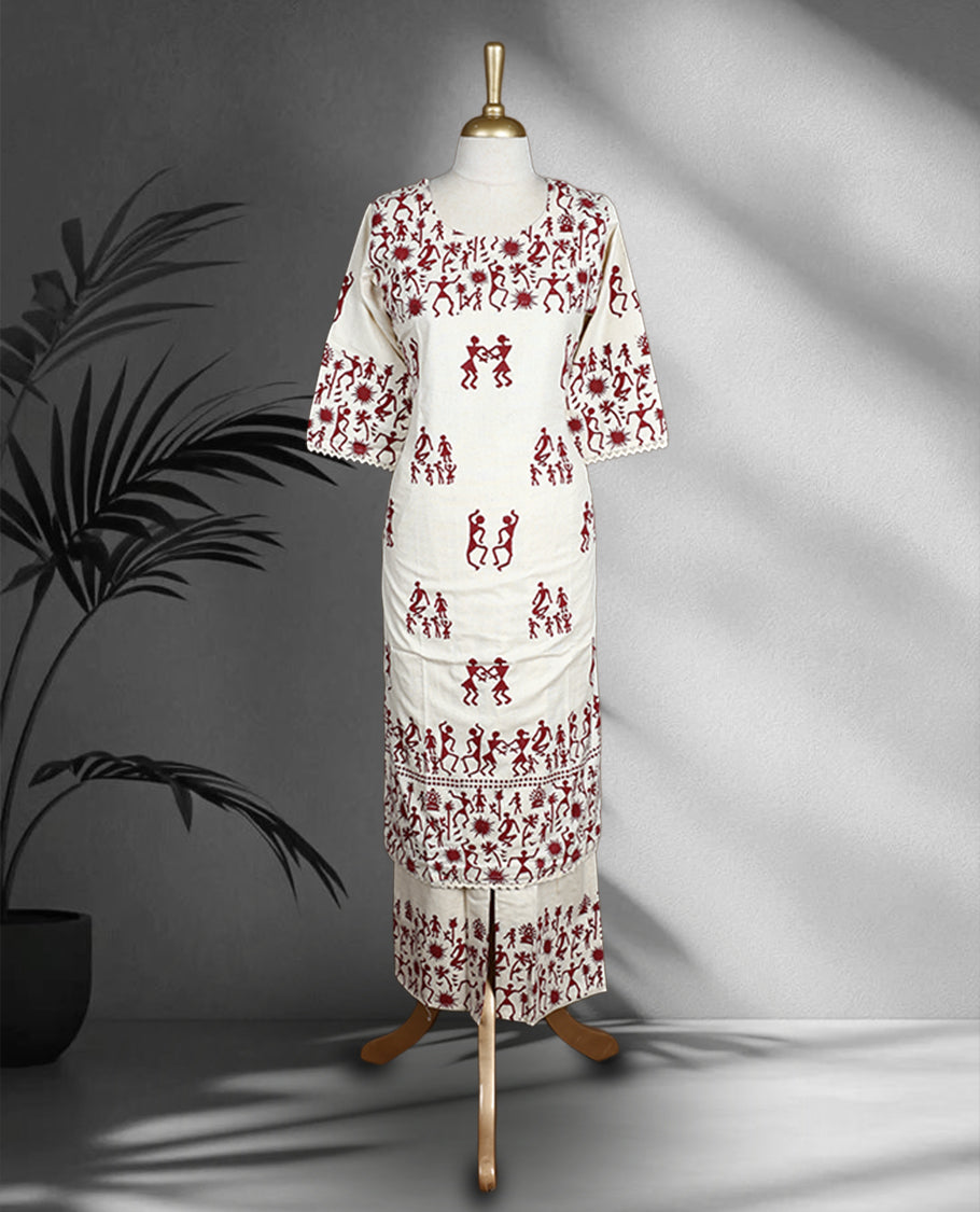 Off white colour cord set with deep maroon Warli inspired print, featuring a round neck top with elbow length sleeves and side slits, paired with matching straight fit pants.