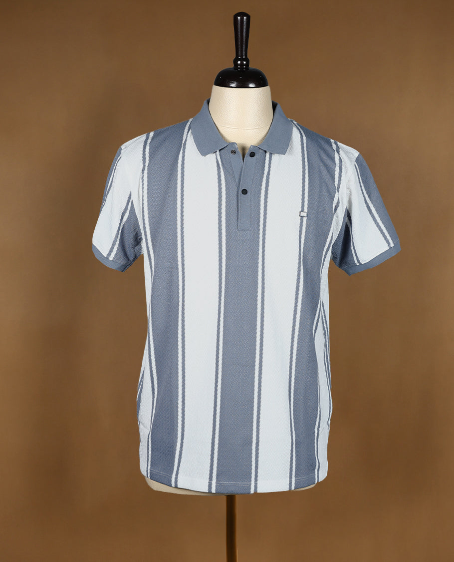 Grey and white striped men’s polo T shirt featuring a classic collar with button placket, short sleeves, and a regular fit crafted from soft, breathable fabric for everyday comfort and style