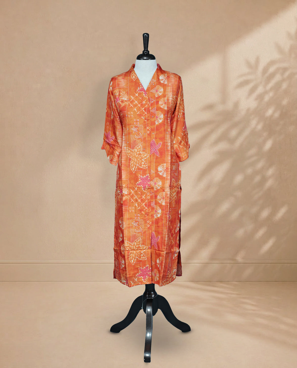 Orange Colour Kurti featuring Digital Prints & Stone Work On Body, a V-shaped neckline And 3/4 sleeves Design