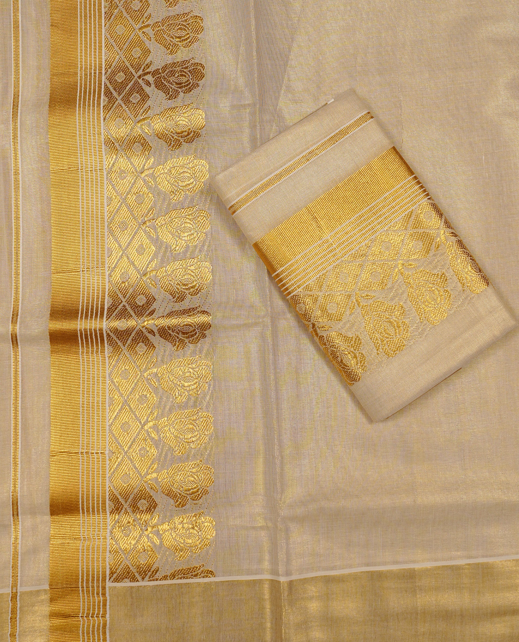 Cream colour Tissue silk set mund Featuring Elegant plain body, Complemented by Gold zari design with zari border.