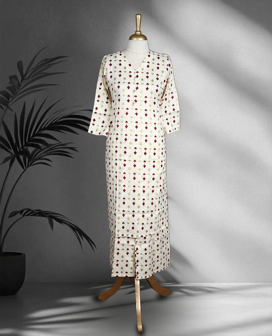 Off white colour cord set with subtle maroon and golden colour geometric prints, featuring a V neck top with a straight cut design and matching pants.