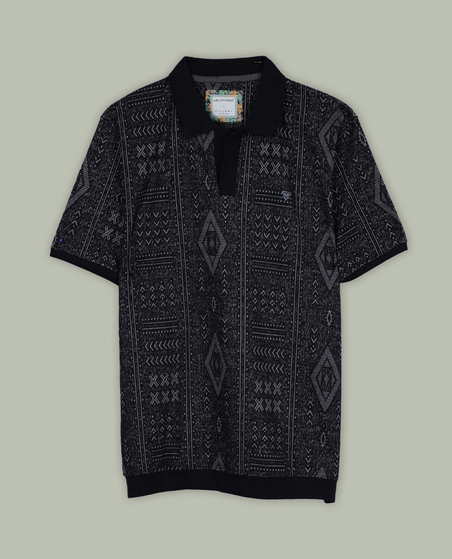 Black colour T shirt adorned with stylish geometric prints, featuring a smart shirt collar and comfortable short sleeves for a modern casual look.