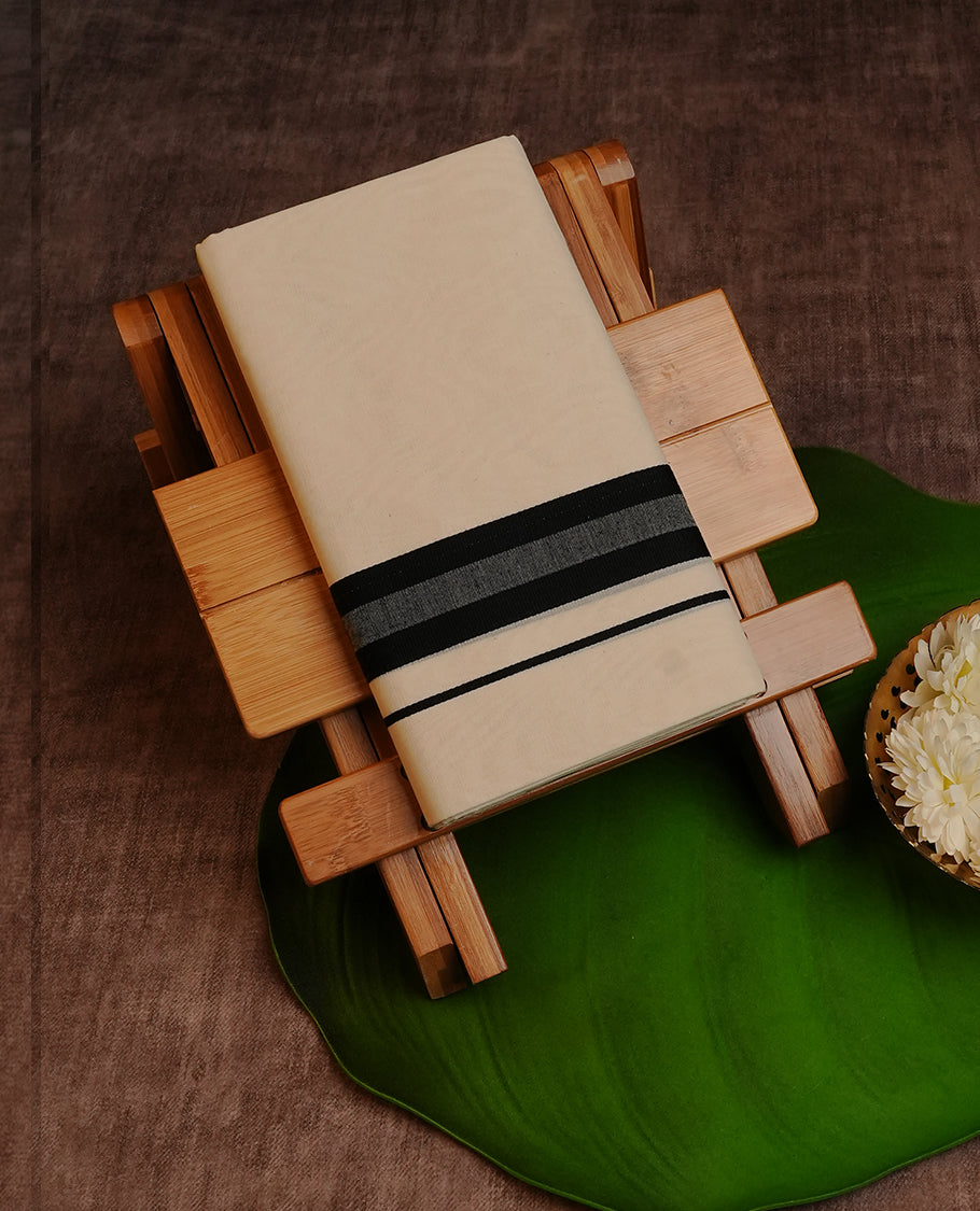 Cream Colour Cotton Double Dhoti Finished With A Classic Body ,Black & Grey Kara