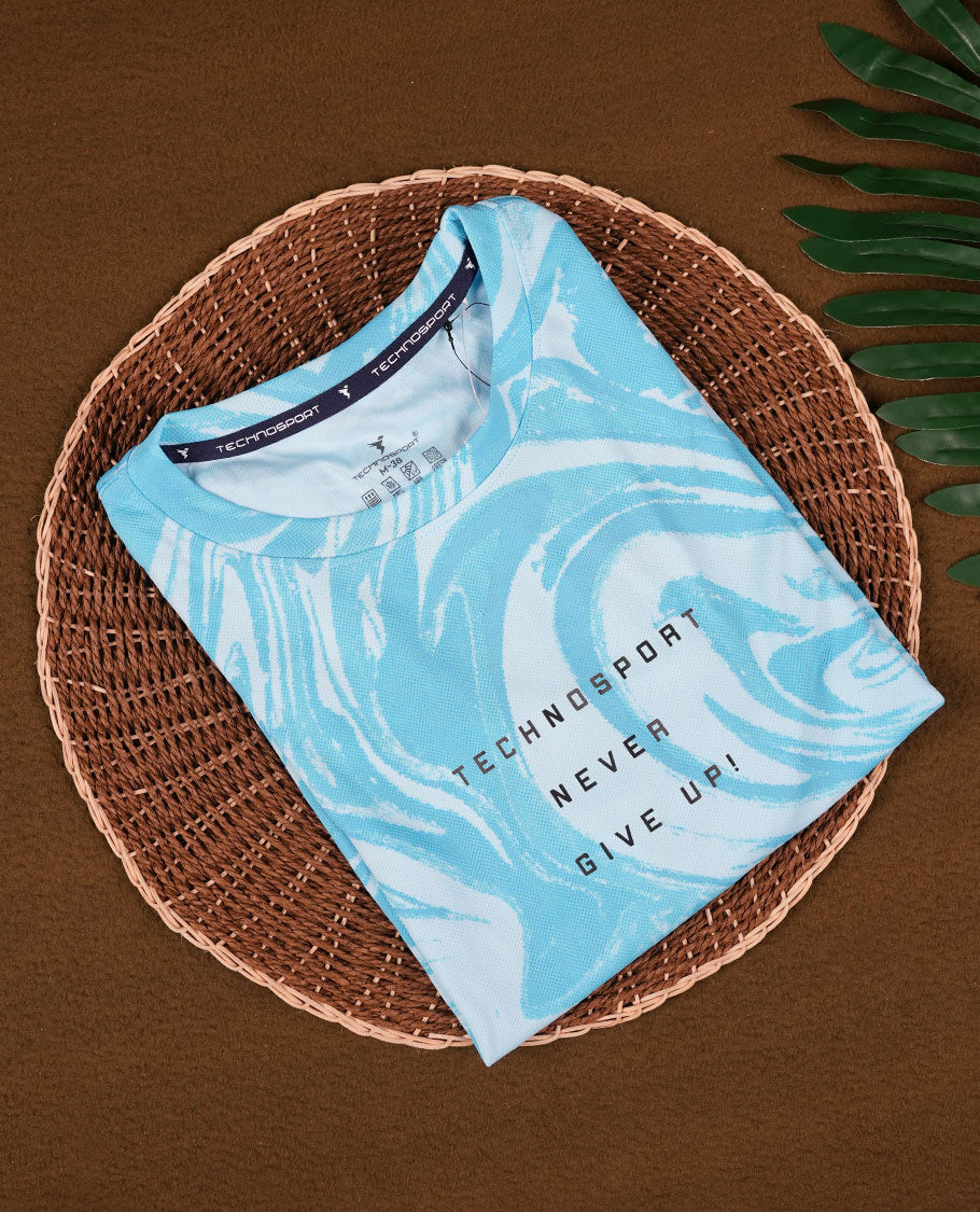 Sky blue colour T shirt featuring a subtle self print design, comfortable short sleeves, and a classic round neck for a casual, stylish look.