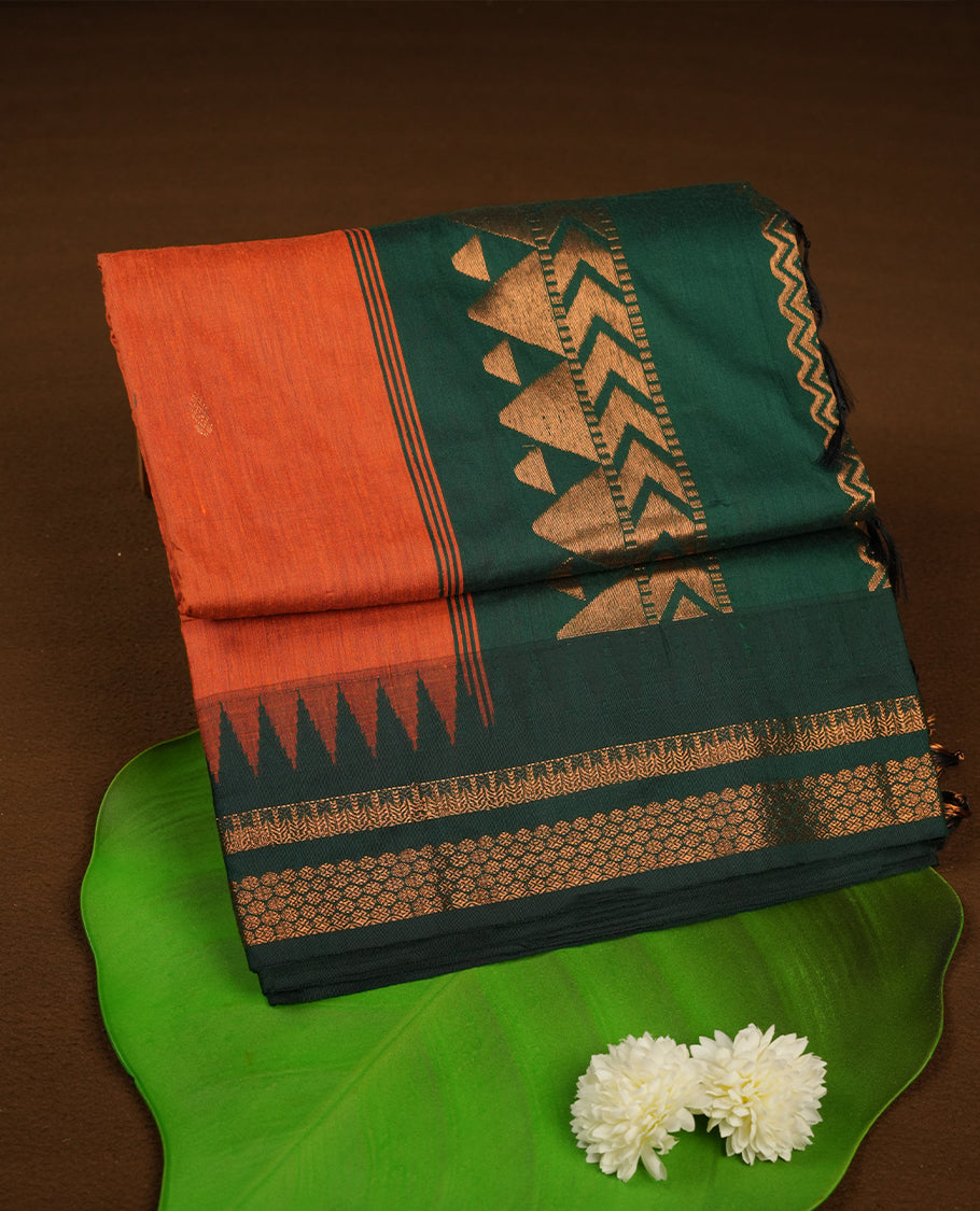 Orange colour kalyani cotton saree featuring Antique zari motifs on body, contrast green colour border with geometric antique zari pattern, paired with matching blouse piece.