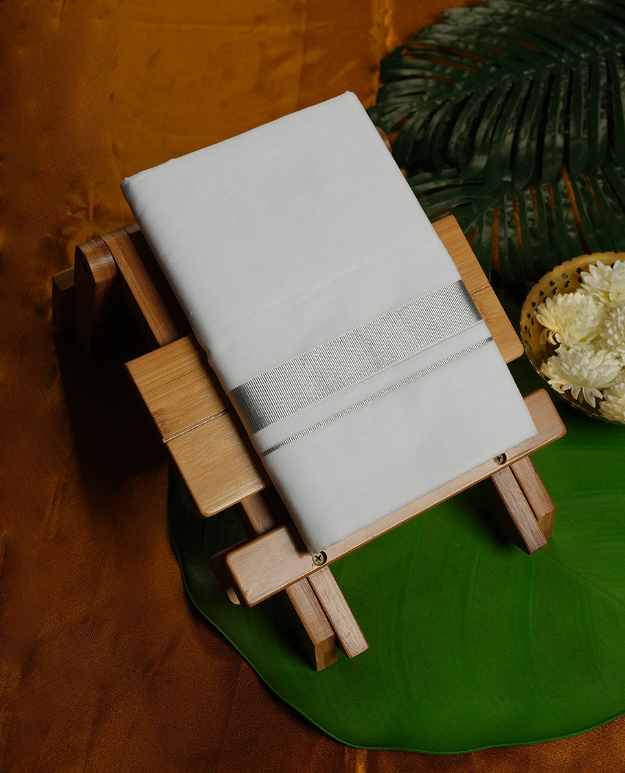 White Colour RAMRAJ Pure Cotton double Dhoti with Silver Colour Border for Men