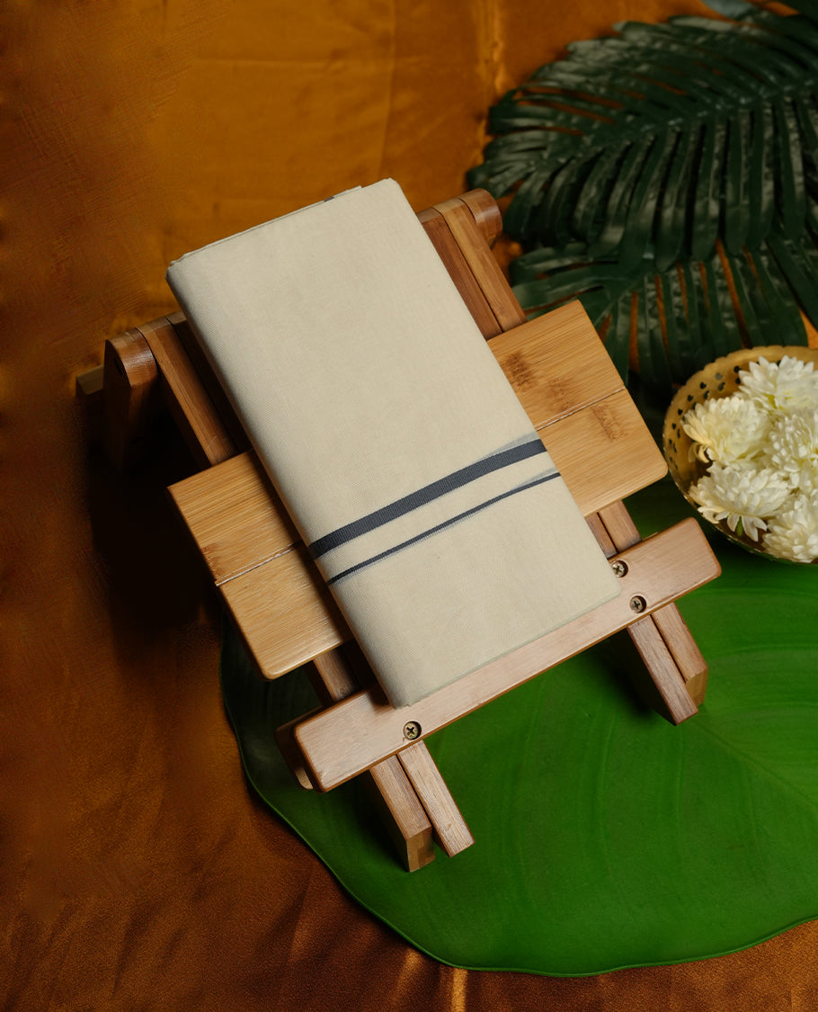 Cream Colour Pure Cotton double Dhoti with Dark blue Colour Border for Men