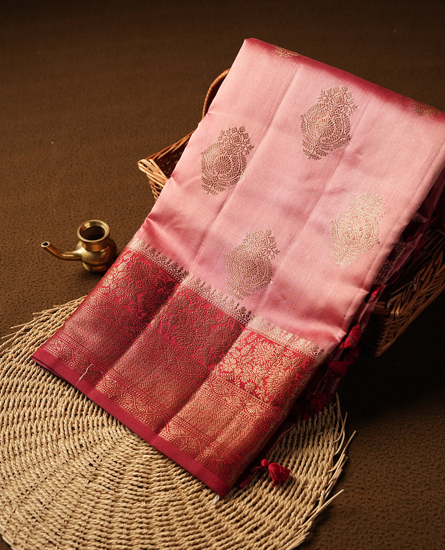 Pink peach Banaras soft silk saree with gold zari motifs on body, with contrast deep red colour floral pattern on pallu, border, and Matching blouse.