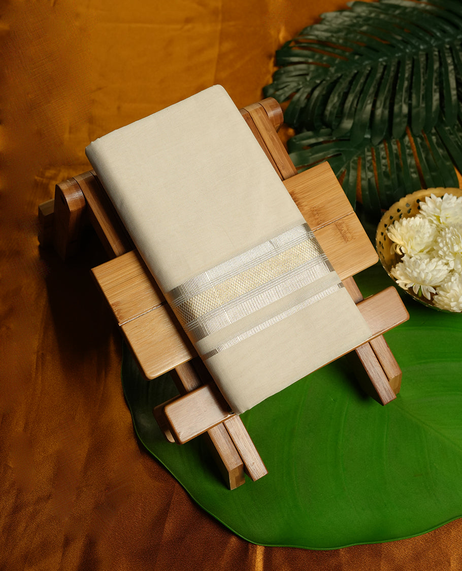 Cream Colour Pure Cotton double Dhoti with Silver and gold Colour Border for Men