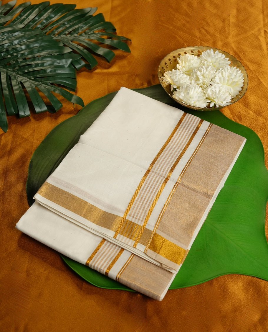 White Colour Pure Cotton double Dhoti with Gold Colour Border for Men
