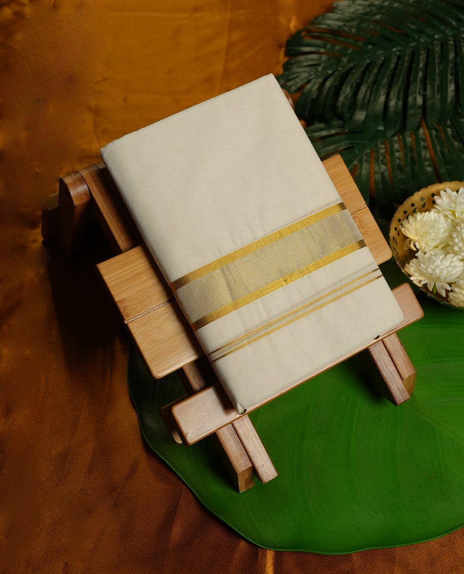 Cream Colour Pure Cotton double Dhoti with Gold Colour Border for Men