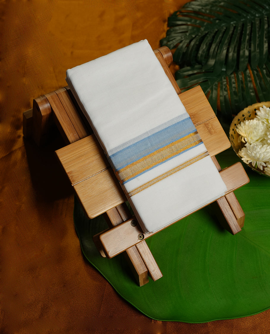 White Colour Pure Cotton double Dhoti with Light blue & gold Colour Border for Men