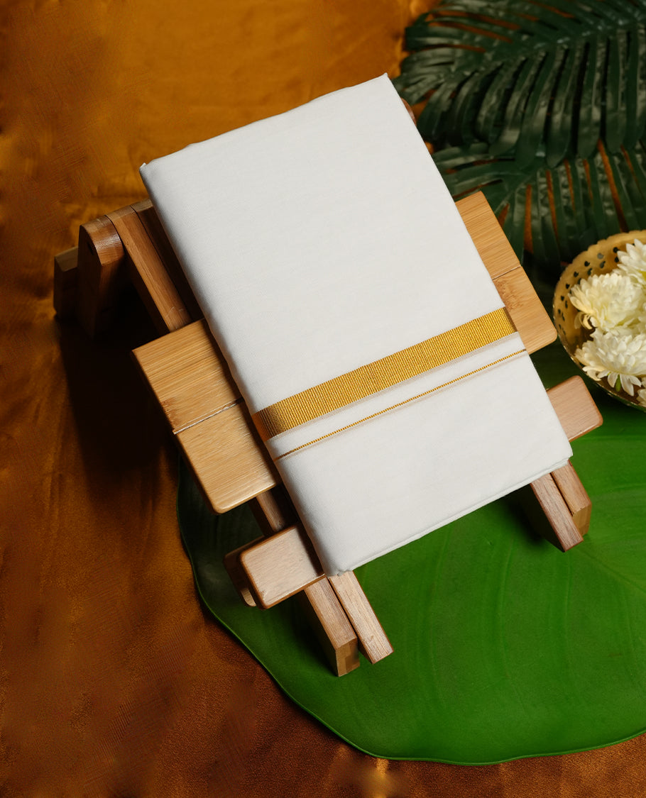 White Colour Pure Cotton double Dhoti with Gold Colour simple Border for Men