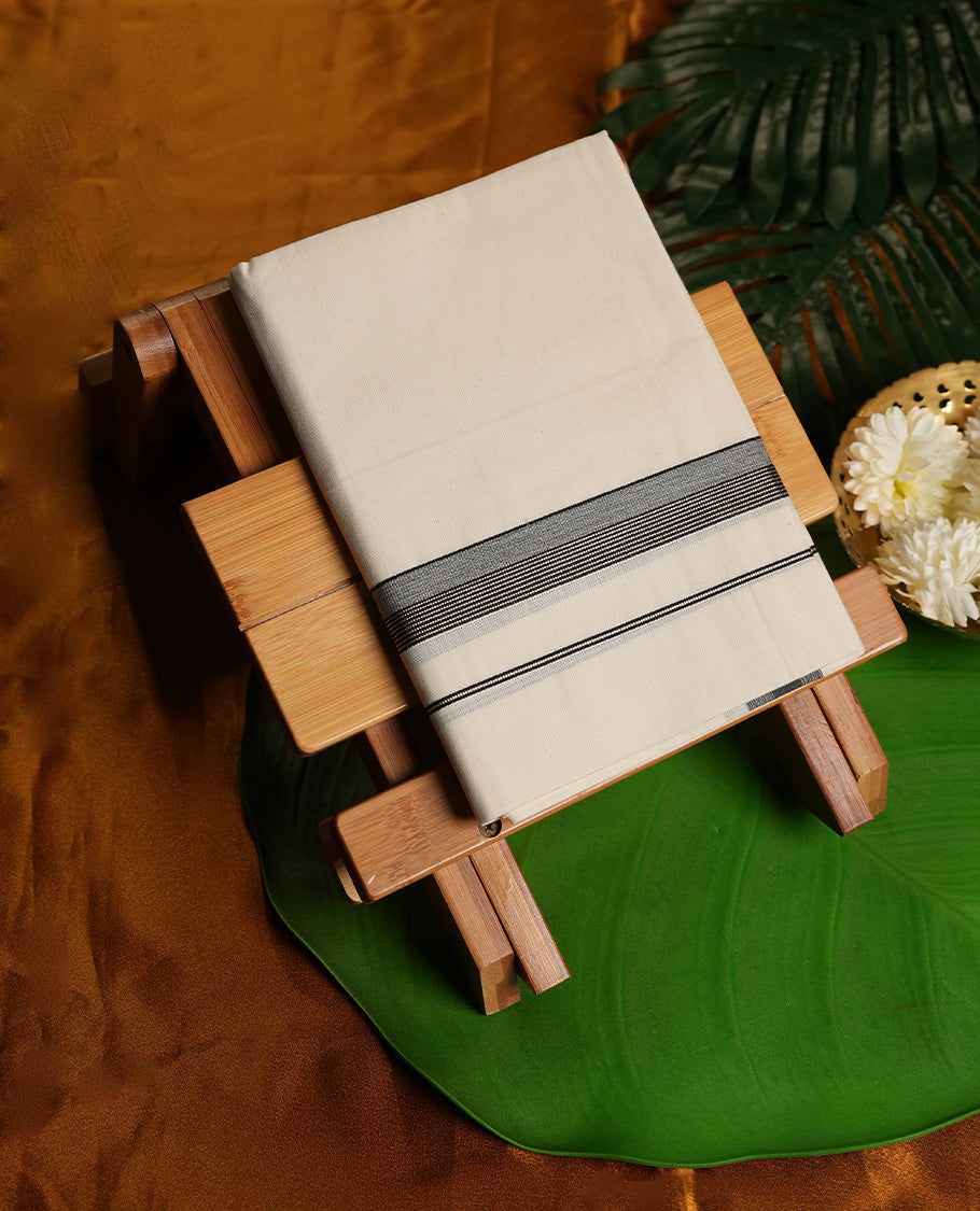 White Colour Pure Cotton Single Dhoti with Black and silver Colour Border for Men