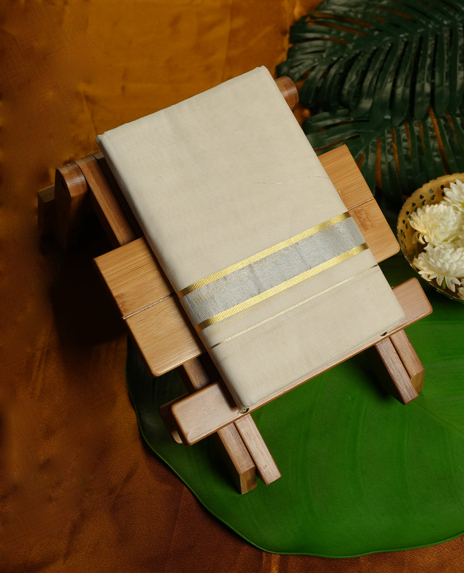 Cream Colour Pure Cotton double Dhoti with Silver and gold Colour Border for Men