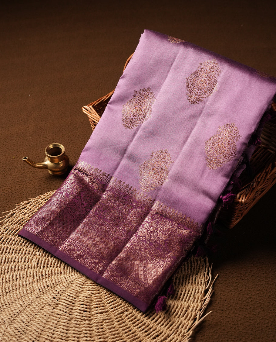 Light Purple Banaras soft silk saree with gold zari motifs on body, with contrast Deep purple colour floral pattern on pallu, border, and Matching blouse.