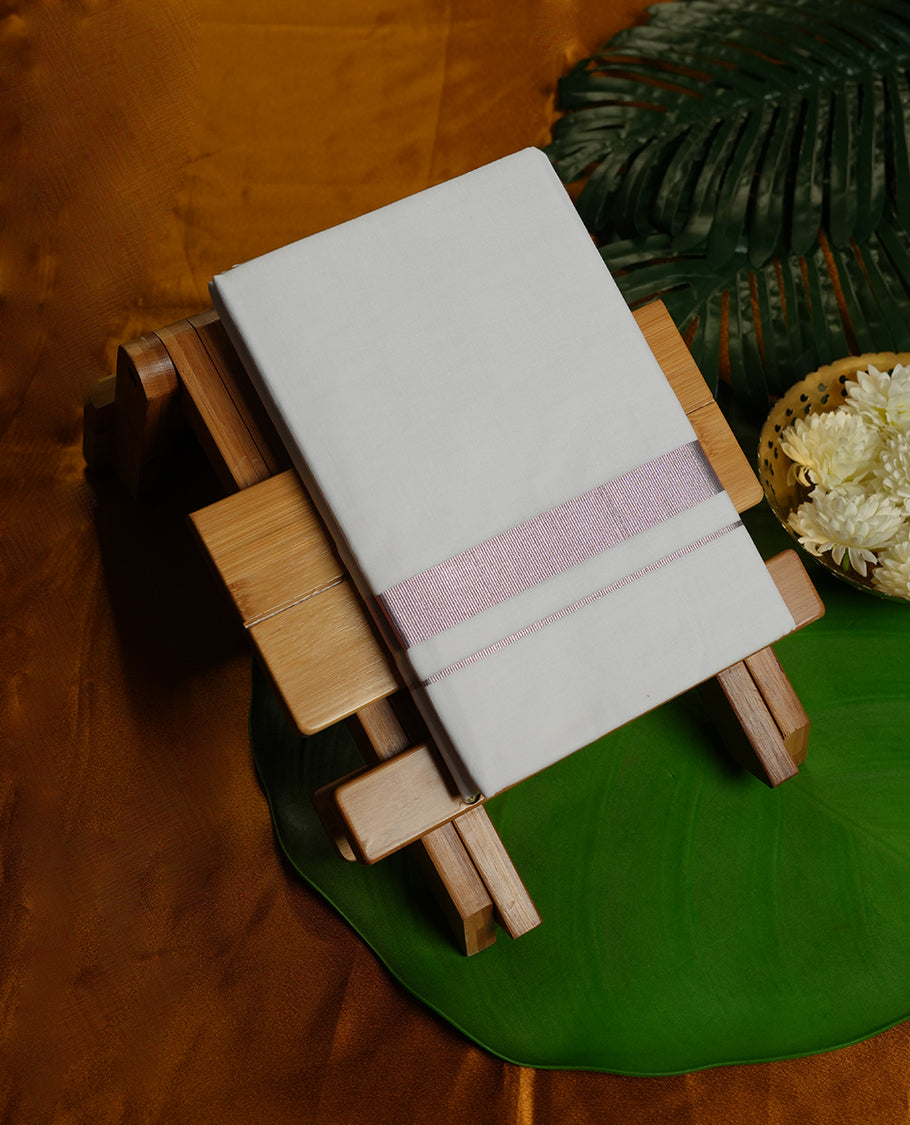 White Colour MCR Pure Cotton double Dhoti with Pink Colour Border for Men