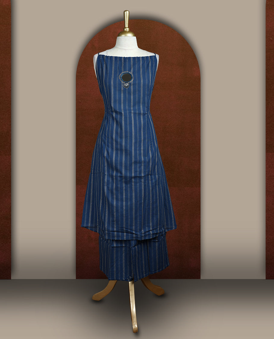 Navy blue colour cotton coord set with handblock arrow print, sleeveless A line kurta, and wide leg pants & Features mirror work on the neckline.
