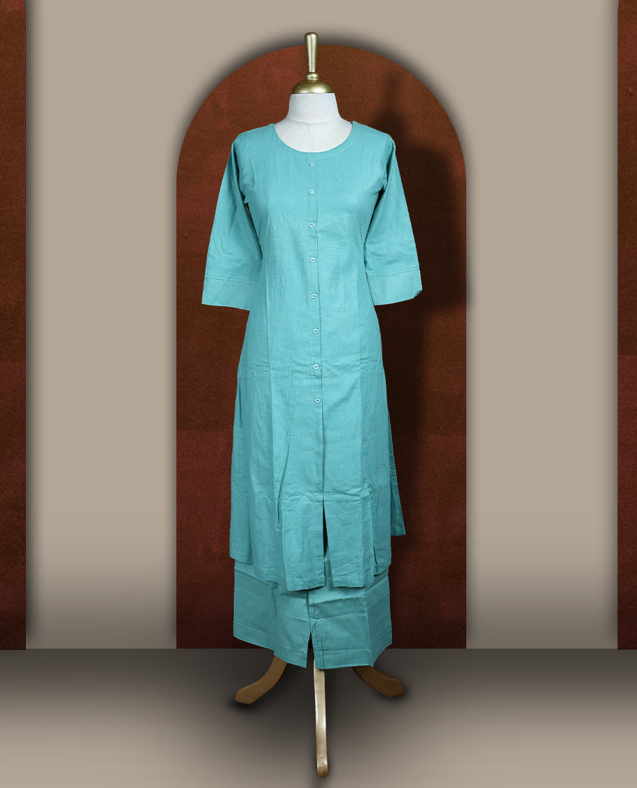 Pastel aqua blue colour coord set featuring a button down straight kurta with round neck and three quarter sleeves, paired with matching wide leg bottoms.
