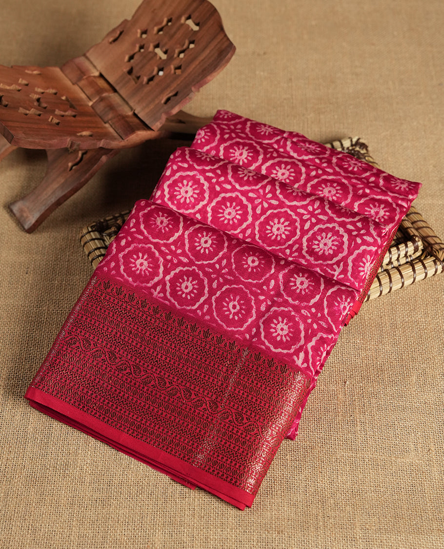 Red colour chanderi silk saree with Floral block print On body, compilmented by self colour border with antique zari pattern and a matching blouse.