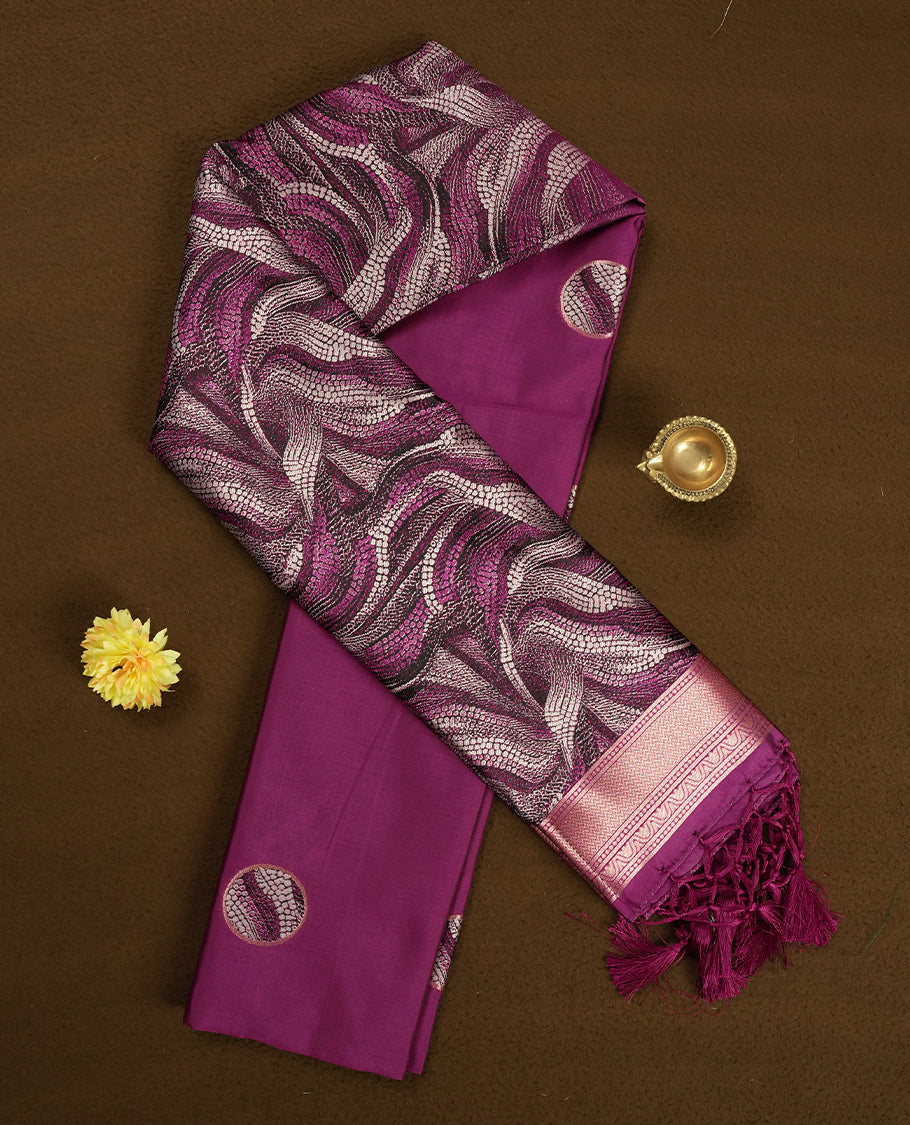 Fuchsia Pink Semi Silk Saree with Silver Circular Buttas, Multitone Textured Wavy Pallu with Satin Zari Edge and Tassels, Paired with Coordinated Blouse Piece