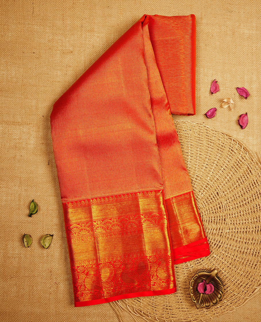 Bright Red colour Kanchipuram Samudrika Silk Saree featuring pattern weaving with gold zari jacquard and a traditional Kanchipuram zari border, paired with a matching designer jacquard blouse piece