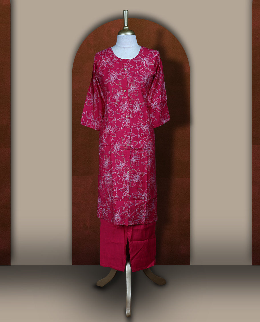Magenta colour coord set adorned with all over beige colour floral prints, featuring a straight cut kurta with round neckline and 3/4th sleeves, paired with matching bottoms.