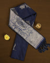 Navy Blue Colour semi Silk Saree with Silver Zari Woven Floral Motifs, Elaborate Silver Zari Pallu and Border with Traditional Patterns and Tassels, Paired with Coordinated Blouse Piece