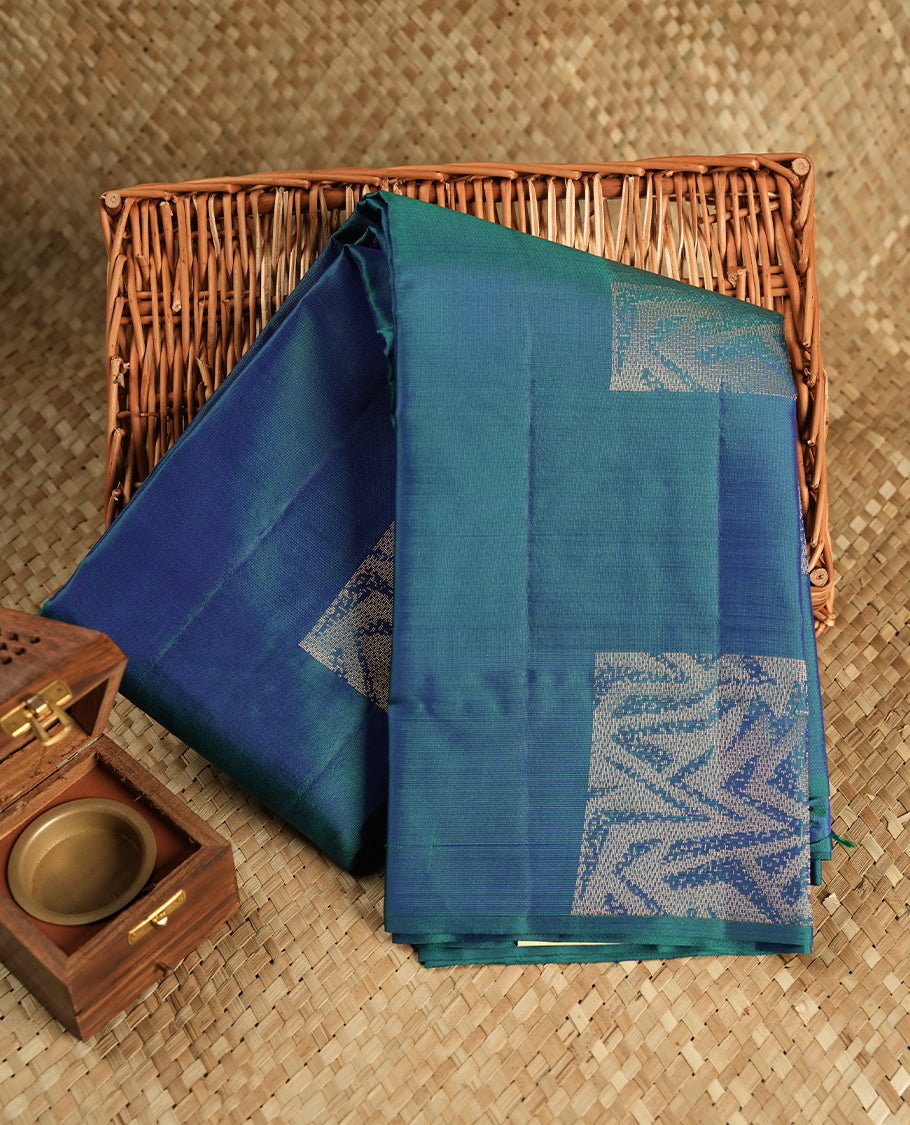 Peacock Colour Pure Kancheepuram Silk Saree having gold Square pattern on Body without Border and matching Blouse