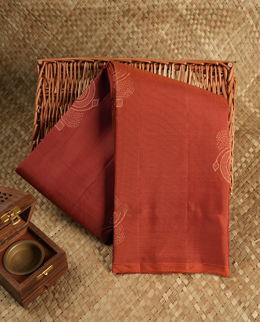 Burnt orange Colour Pure Kancheepuram Silk Saree having gold Floral pattern on Body without Border and matching Blouse