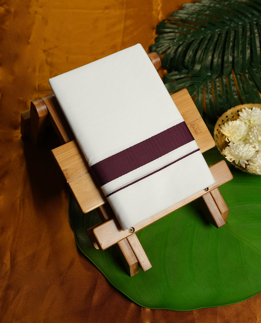 White Colour Ramraj Pure Cotton double Dhoti with Dark maroon Colour Border for Men