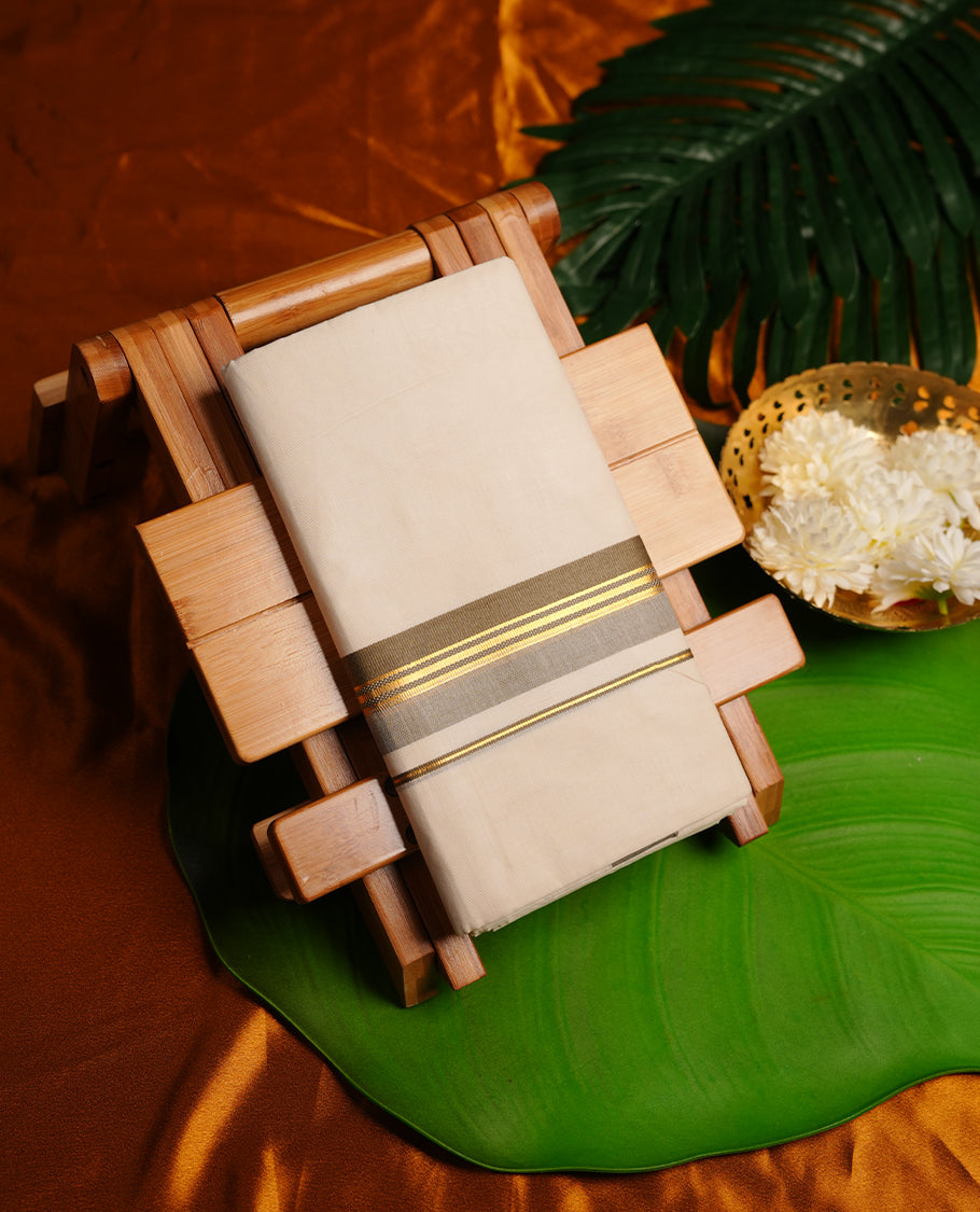 Cream colour cotton double dhoti featuring olive, gold and grey zari border