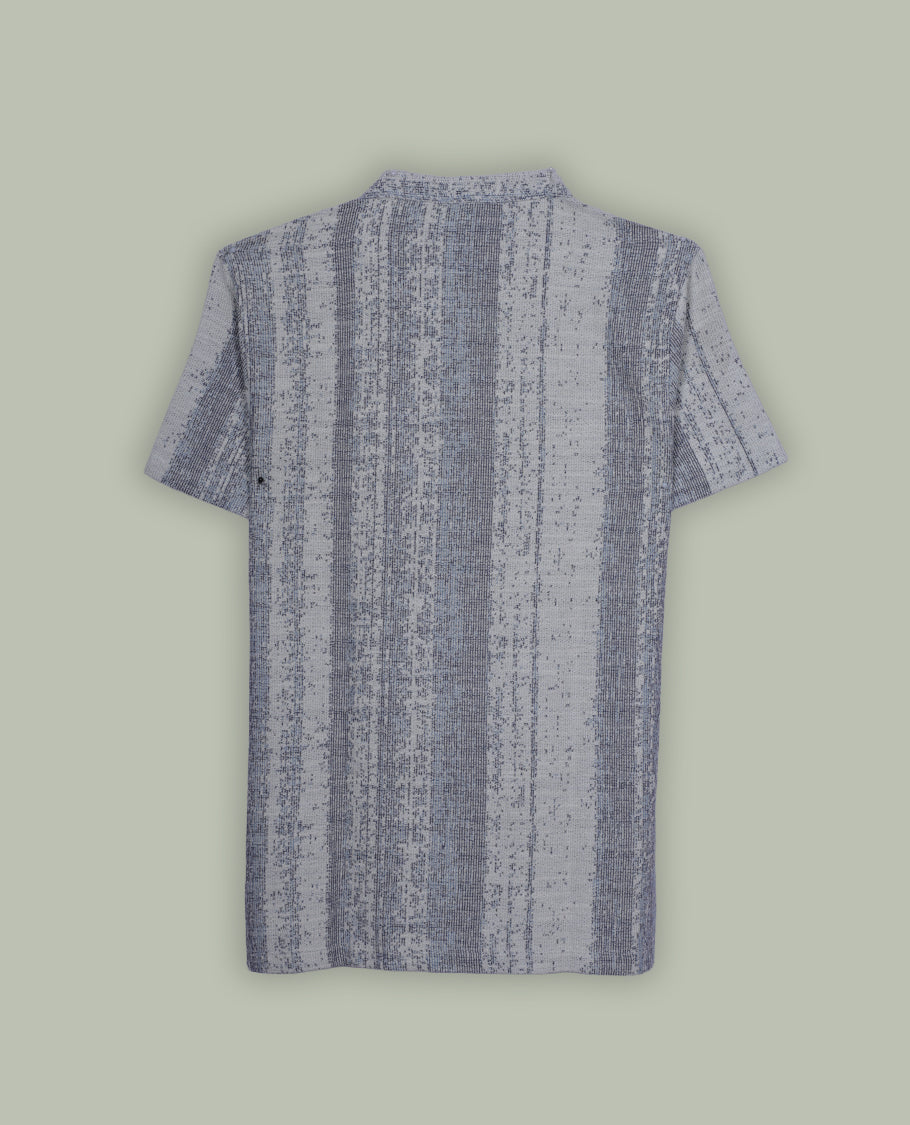 Light grey & slate blue colour shirt adorned with subtle vertical textured stripe patterns, featuring a smart mandarin collar and comfortable short sleeves