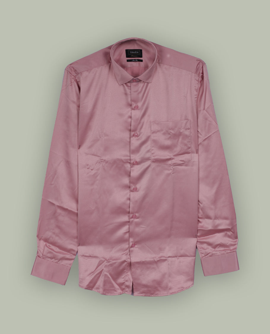 Rich pink colour satin shirt with a glossy finish, featuring a classic collar and full sleeves with broad cuffs, Designed with a front pocket and button-down style, adding a refined touch to formal or party looks.