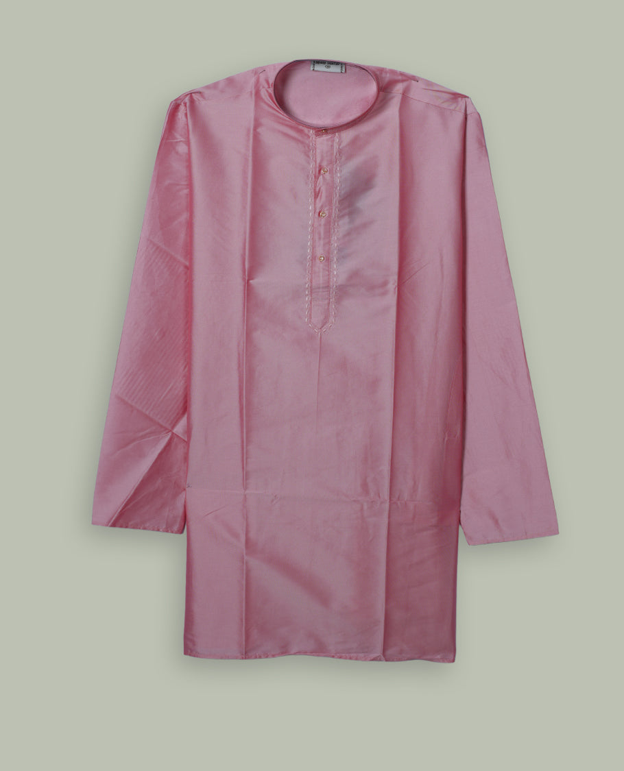Pink colour mens kurta featuring elegant embroidery on the neckline & Crafted in a refined style with full sleeves, offering a perfect blend of tradition.